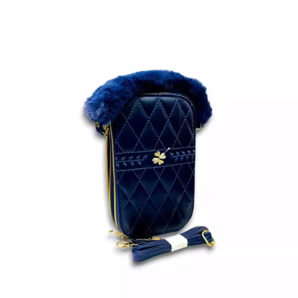 Navy Blue Quilted Pouch with Soft Fur Handle & Detachable Strap