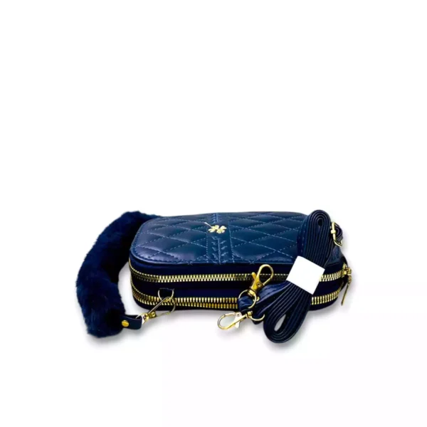 Navy Blue Quilted Pouch with Soft Fur Handle & Detachable Strap - Image 3